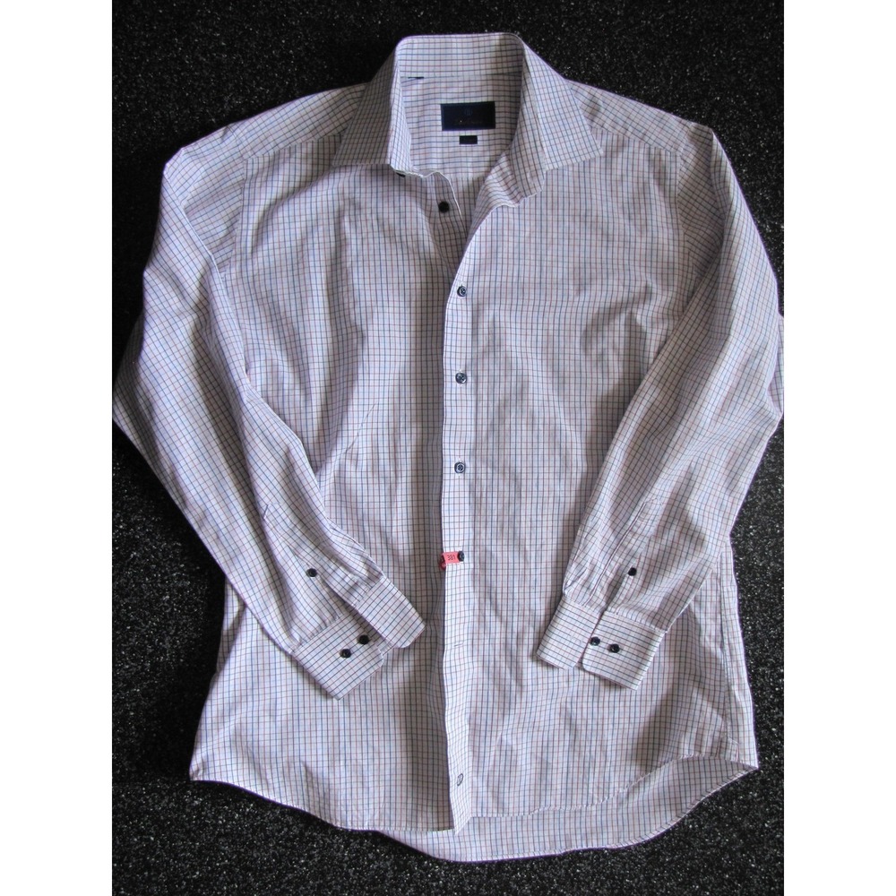David Donahue Dress Shirt Mens Large White Check Slim Fit Button Long Sleeve